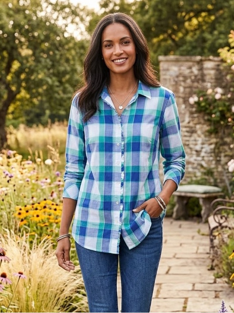 TALBOTS Plaid Ruffle Shirt Size M